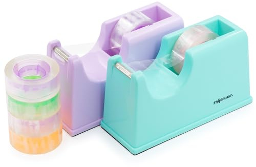Starplast Pack 2 dispensadores de cinta color pastel + 6 celos de cinta transparente, base antideslizante, gran peso, 15,5x5x7,8 cm, para oficina, escolar, hogar - PACK 2 SURTIDO