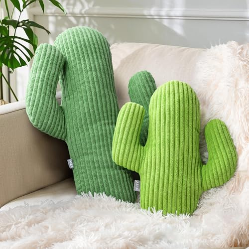 Tone Link. 3D Cactus Throw Pillows, 22& 14 Corduroy Striped Cactus Plush Pillow, Set of 2 for Living Room Bedroom Decor, Grass Green & Lime Green