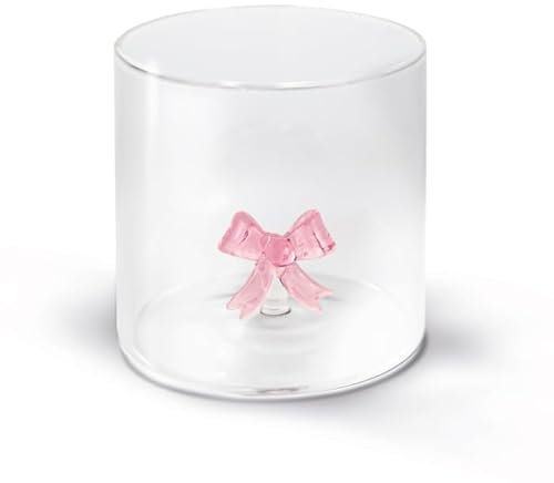WD Lifestyle - Bicchiere in Vetro Borosilicato 250ml con Soggetto in Vetro Colorato Interno (Fiocco Rosa)