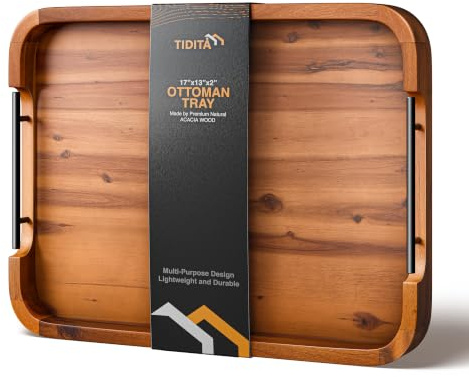 TIDITA Ottoman-Tablett für Wohnzimmer, rechteckiges Serviertablett mit Griffen, Holztablett für Couchtisch, Wohnzimmer, Frühstück im Bett, dekorative Tabletts für Ottomane oder Couch (Akazienholz)