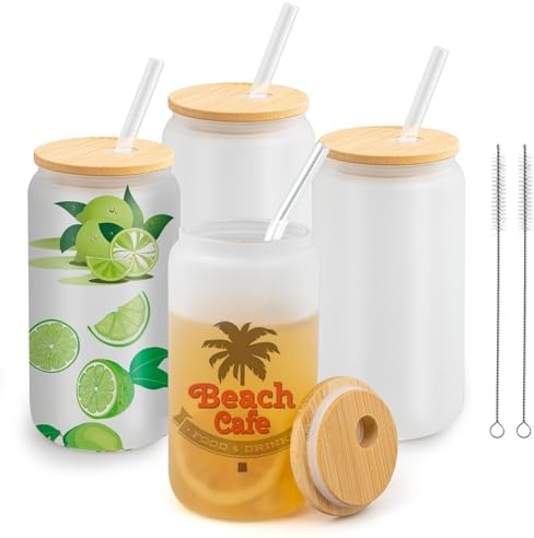 ASMIZ 4 Stück Sublimations Glasdosen, 470ml Frosted Gläser mit Deckel & Strohhalm, DIY Sublimation Glas Tumbler für Saft Soda Kaffee Eiskaffee Bier Getränke