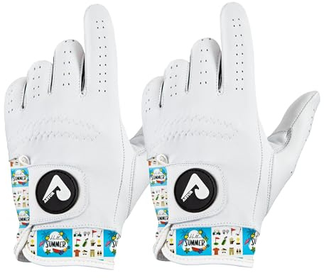 ASTUR Gants de golf 2 Pack Gant de golf en cuir Cabretta Pour homme main gauche Design poignet unique charismatique imprimé (GOLF D'ÉTÉ, L)
