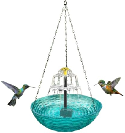 Beufee Hanges Vogelbad mit Solarbrunnen, Kunststoff hängende Solarwasser -Bubbler -Brunnen für Kolibri Vogelbadebadung für Gartenbalkon Veranda im Freien (Blau)