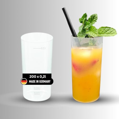 DeinPack 200 Longdrinkbecher | Mehrwegbecher 200ml Made in Germany | Getränkebecher mit Eichstrich | wiederverwendbar | Transparent aus PP | Trinkbecher 0,2l | Bierbecher | Partybecher