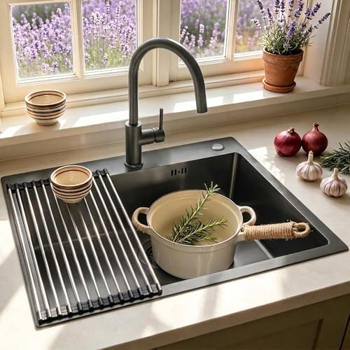 KOOGIMDDR Lavello Cucina 1 Vasca 55 x 45 cm Nero Grigio, Lavabo Cucina con 2 Fori Scolapiatti da Appoggio, Nano Lavello in Acciaio Inox Lavandino Cucina, Da Appoggio o Filotop con Dispenser Sapone