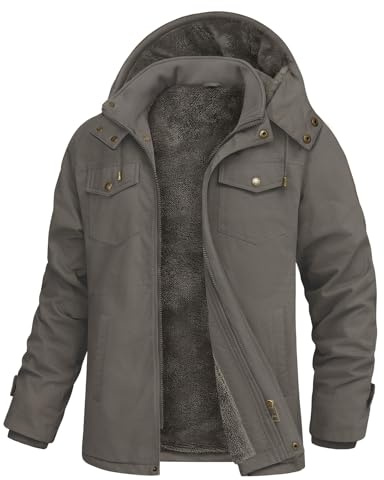 Lonya Fleecejacka för män vinter bomull militär cargorockar full dragkedja tjock flera fickor varm parkas utomhus vandring med avtagbar huva, Mörkgrått, XXL