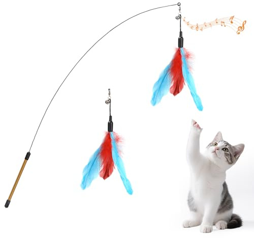 Pawaboo Katzenspielzeug Interaktives Katzenangel Katze Spielzeug Katzen | Spielstab Katzenspielzeug-Stab mit 2 Stück Federn und 88cm Stab und Glocken für Kätzchen oder Katze, Blau + Rotbraun
