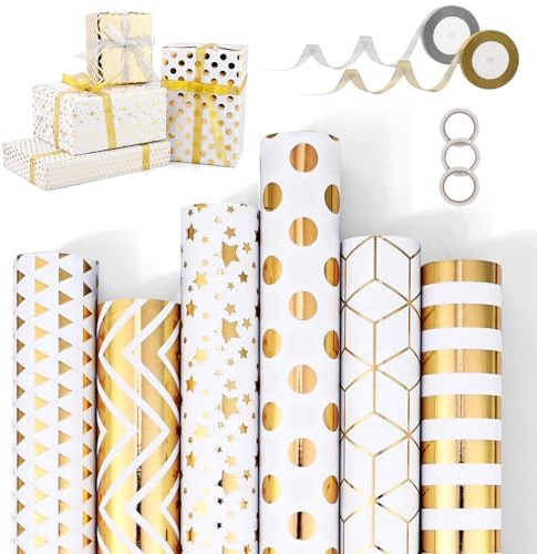 Ambesty 6 Rouleaux de Papier d'Emballage de Cadeau, Rouleau Papier Cadeau Noël avec Rubans, 3M x 43cm par Rouleau, Impression Dorée pour Anniversaire, Mariage, Baby Showers, Noël (Platine)