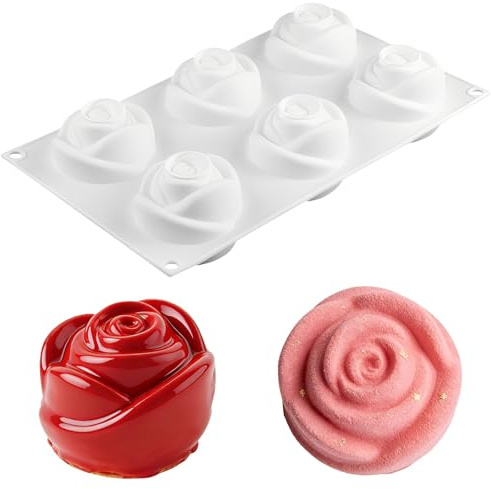 Mousse Cake Silicone Mold Nonstick Baking Chocolate Jelly Pudding Molds for Valentines Day Birthday Ice Cream Loaf Muffin Candy Pie Bread Soap (Rose 6 Holes)