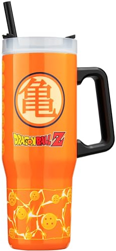 Get Trend Dragon Ball Z Tazza Termica con Manico e Cannuccia 920ml, Borraccia Termica Acciaio Inox a Doppia Parete Senza BPA, 42H Ghiaccio, 12H Freddo e 8H Caldo, Anti Perdita (Arancione Dragon Ball)