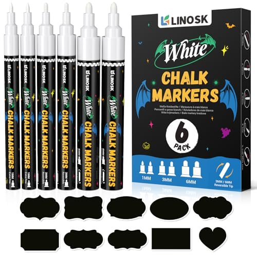 LINOSK White Liquid Chalk Pens, 3 Tip Sizes (1mm/3mm/6mm Reversible), Easy Wipe for Blackboard, Glass, Window, Includes 45 Black Labels, for School, Christmas & Home Organisation