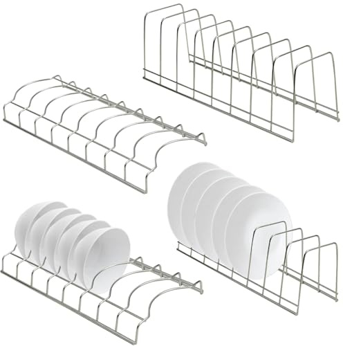 Goujfol 4 PCS Plate Rack for Cupboard,Plate Organiser for Kitchen Cupboard,Pot Lid Organiser,Kitchen Cabinet Organizer for Bowl Plates Cutting Boards Bakeware and More