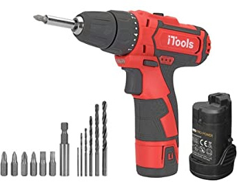 Itools - Atornillador de 12 V, batería de iones de litio, 1,5 Ah, iluminación LED + caja de accesorios con 6 puntas de atornillado + 6 brocas + adaptador