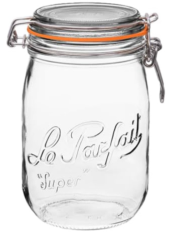 Le Parfait Super Jar 1L (32oz) French Glass Preserving Jar w/Airtight Rubber Seal & Wire Bail Closure - BPA-Free Canning Jar for Pickles, Fruits, Sauces & Food Storage - Made in France Since 1930 1PK