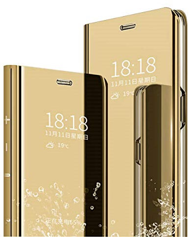 MLOTECH Schutzhülle für Huawei P30 Lite, Schutzhülle + Hartglas, Flip Clear View transparent, Spiegel, Standing 360 °, stoßfest, Smart Cover, Bumper Gold