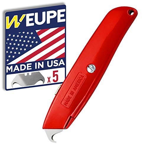 WEUPE Hook Blade Utility Knife with 5 Utility Hook Blades, Carpet Knife, Shingle Cutter Roofing Knife, Made in USA