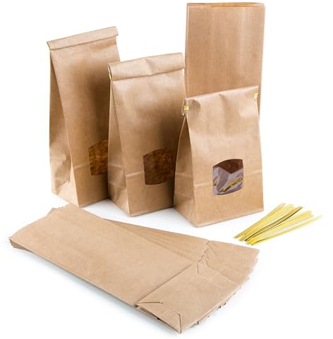Große Blockbodenbeutel, 25 Stück: Papiertüten mit Fenster, Tüten Groß, Teetüten Braun, Geschenktüten für Lebensmittel, Tee & Gewürze, Kraftpapiertüten, Papiertaschen mit Clips, 10 x 6,5 x 27,5 cm