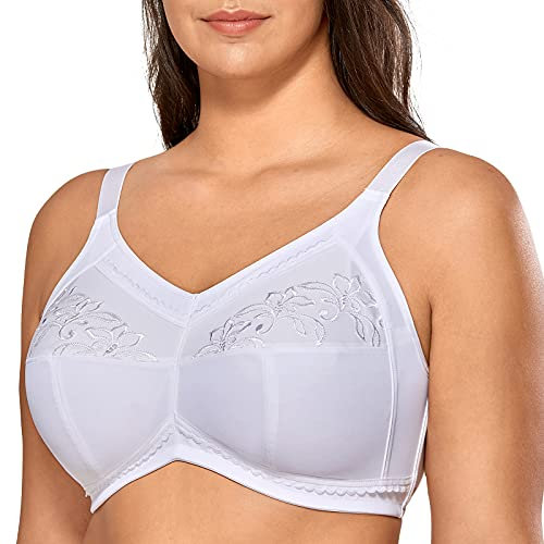 Delimira Women's Wireless Bras Cotton Mastectomy Bras with Pockets Post Surgery Full Cup Comfort Plus Size Everyday Bra White 34F