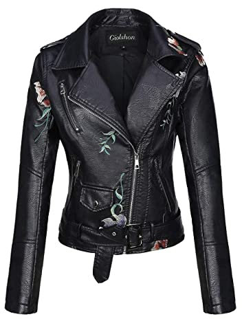 Giolshon Chaqueta de Cuero Sintético para Mujer Abrigo Corto de Motociclista de Otoño Elegantes, Floral Informal de Moto 1702020 Negro XXL