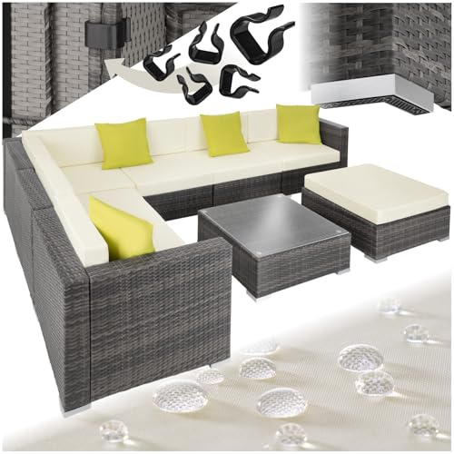 tectake® Poly Rattan Lounge, Garten Loungemöbel Set für 6 Personen mit Alu Gestell, Sitzgruppe mit L-Form Sofa & Esstisch Outdoor, Gartenmöbel wetterfest, Terrassenmöbel mit Hocker + Kissen - grau