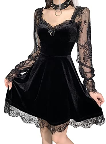 Odizli Abito Gotico da Donna Nero in Velluto Sexy a Maniche Lunghe con Pizzo, Stile Lolita Punk, A Linea, Mini Abito da Party, Nero , M
