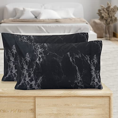 Valerian Marble Printed Pillowcases 2-Piece Set Egyptian Quality 1500 Thread Count Timeless Classic Designs Soft and Smooth Weave, Wrinkle Resistant, Marble Queen Pilllowcase, Black