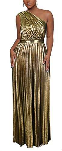 AOMEI Women's Luxury Metallic One Shoulder Sleeveless Elegant Pleated Long Dress (Gold,M)