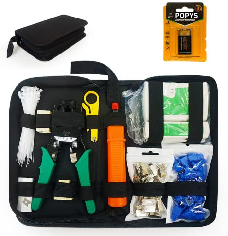 POPYS 10 Piezas + 1 Repuesto Cuchilla Comprobador Cable Red RJ45 - Kit Herramientas Electricista para Comprobar Red y Mantenimiento o Reparación. Bolsa transporte incluída. (10 + 1 (Pila incluída))