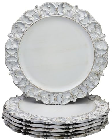 Leemxiiny Set di 6 sottopiatti in plastica testurizzata per piatti piani con bordo in rilievo, decorazione da tavola, feste, matrimoni, vacanze, 33 cm, colore: bianco anticato
