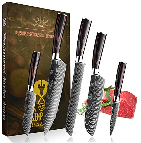 Professional Kitchen Knife Set | Chef's Knife, Santoku & Bread Knives and Others | Stainless Steel Laser Pattern with Pakkawood Handle | Gift Box Set