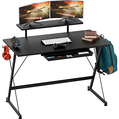 SHW 40 Inches Vista Desk with Monitor Riser, Drawer and Hooks