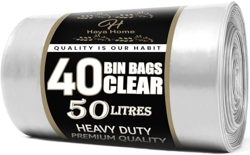 Haya Home 50L litre 40 Large & Tough Clear Recycling Bags Transparent Recycling Bin Bags, Rubbish Bags and Refuse Sacks 120 Gauge Bin Liners Heavy Duty Bin Bags Large Waste Bags 100% Recycled Material