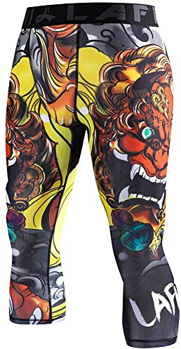 LAFROI Men's Compression Fit 3/4 Tights Leggings with Pcoket/Non-Pocket-YSK10 Lion Dance Size XL