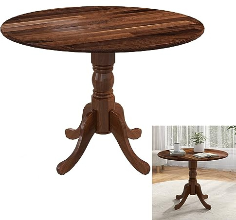 GiantexUK Round Dining Table, 100CM Rubber Wood Kitchen Table with Large Tabletop, Curved Legs & Adjustable Foot Pads, 4 Seats Rustic Breakfast Desk for Dining Living Room Restaurant (Walnut) | with Large Tabletop, Curved Legs & Adjustable Foot Pads, 4 Seats Rustic Breakfast Desk for Dining Living Room Restaurant