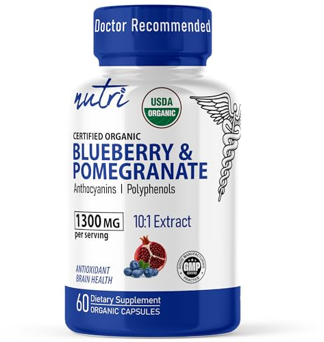 Nutri Organic Blueberry Pomegranate Supplement 1300mg - with 800mg 10:1 Extract & 500mg 10:1 Pomegranate Extract - USDA Certified Organic - 60 Count Capsules - High in Anthocyanins and Polyphenols