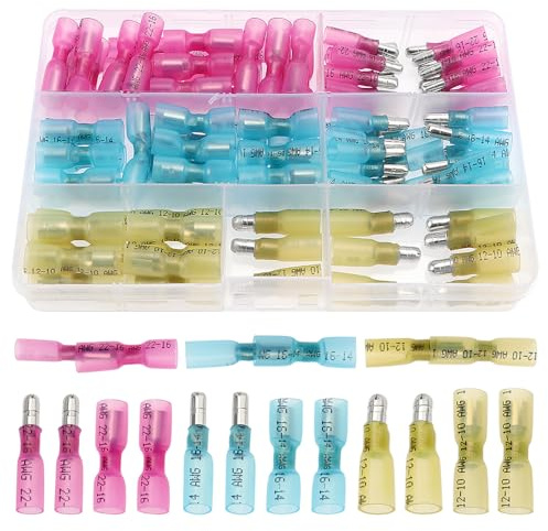 YIXISI 100 Stücke Schrumpf Draht Stecker Set, Schrumpfschlauch Steckverbinder, Elektrische Crimpverbinder, Kabelschuhe,Bullet Butt Connectors, 22-10 AWG