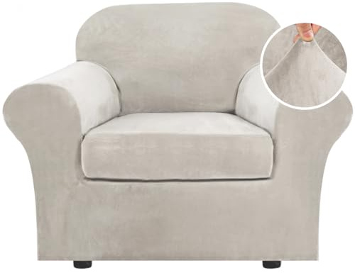H.VERSAILTEX Rich Polyester Spandex Blend 2 Piece Cover Chair Slipcover Sofa Cover Furniture Protector Couch Soft with Elastic Bottom Chair Couch Cover with Arms Width Up to 49 Inch(Chair, Oatmeal)