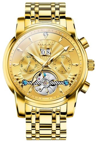 OUPINKE Herrenuhr Automatik Luxus Skelett Mechanik Goldene Zifferblatt mit Diamanten Tourbillon Tag Datum Wasserdicht Luminous Goldene Edelstahlarmband