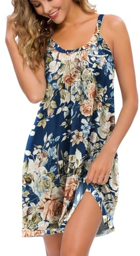 AVIIER Womens Nightgown Soft Cotton Sleeveless Sleep Shirts Wide Strap Nightshirts Full Slip Sleepwear Navy Flower XXL