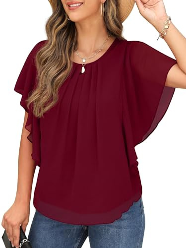 QIXING chiffong kortärmad blus damer sommar topp damer elegant rund hals fladdermusärm tunika, 08 vinröd, L