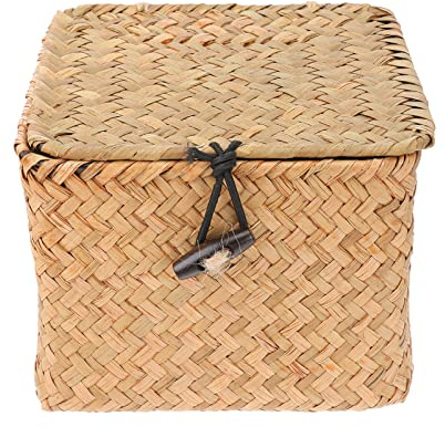 Ciieeo Straw Plaited Box with Lid Tea Storage Holder Woven Organizer Box for Home Desktop Small Square Basket for Tidying Tea Bags and Household Items 5.51 X 5.51 X 7.87 in