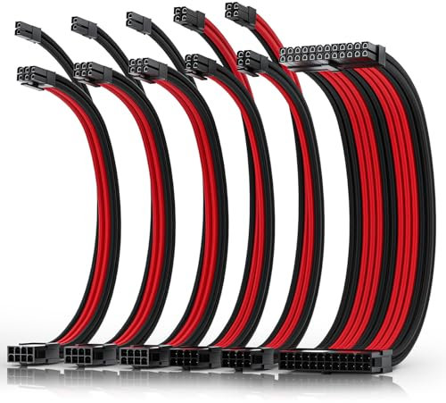 AsiaHorse Update Kit Cavo Rivestito 16AWG per PC/GPU/CPU, prolunga Cavo PSU, Cavo di prolunga Alimentazione PC con pettini per Cavi, Gestione Cavi 24PIN/(6+2) Pin/(4+4) Pin, 30 cm, Rosso+Nero