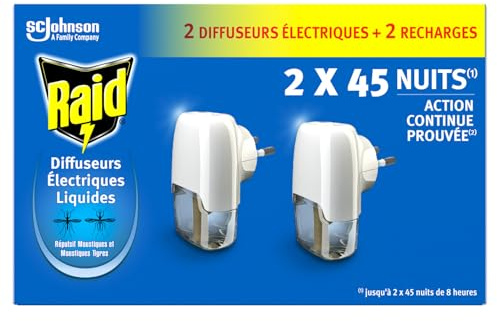 Raid Recharge Diffuseur Électrique Liquide - Répulsif Moustiques et Moustiques Tigres 90 Nuits - 2 Diffuseurs + 2 Recharges | Diffuseur électrique liquide, protection anti-moustiques et moustiques tigres, 90 nuits, 2 diffuseurs + 2 recharges