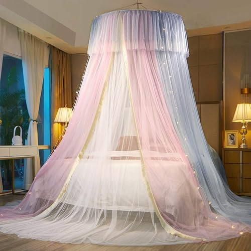 HUOQOU Prinzessinnen Betthimmel für Mädchen, Betthimmel Vorhang - Doppelschicht Durchsichtiges Netz Kuppel Rundes Spitzen Moskitonetz für Mädchen Schlafzimmer Dekoration(Rosa/grau/Weiß)