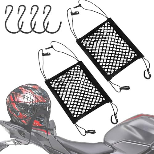 CEASELESLY 2pcs Filet pour Casque Moto, Double Couche, Filet Araignée Élastique, 4 Crochets, Bagages Rangement Casque (25x28cm)