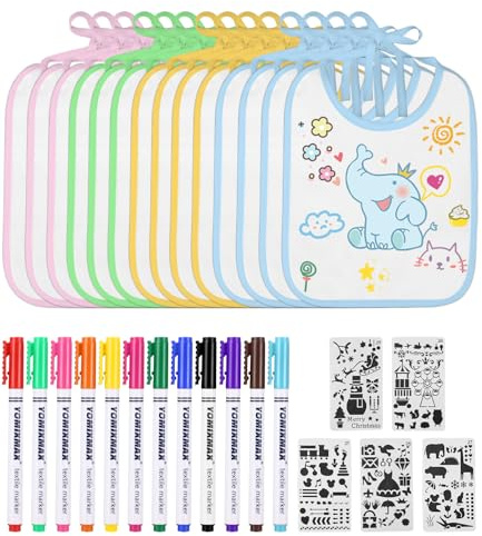 TIDEVAN 14 Stück Lätzchen Weiß Lätzchen zum Bemalen Baby Lätzchen aus Baumwolle mit 12 Farbigem Farbigem Textilstiften und 5 Malen Schablonen Baby Shower Spiele für Babyshower Party Junge Mädchen