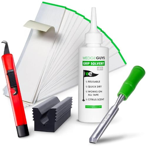 Wedge Guys Premium Greppbyteskit - Kit för Rengöring och Byte av Golfgrepp med 236ml Lösningsmedel, 30 Remsor Dubbelhäftande Tejp, Krokblad och Skrapa - Greppverktyg
