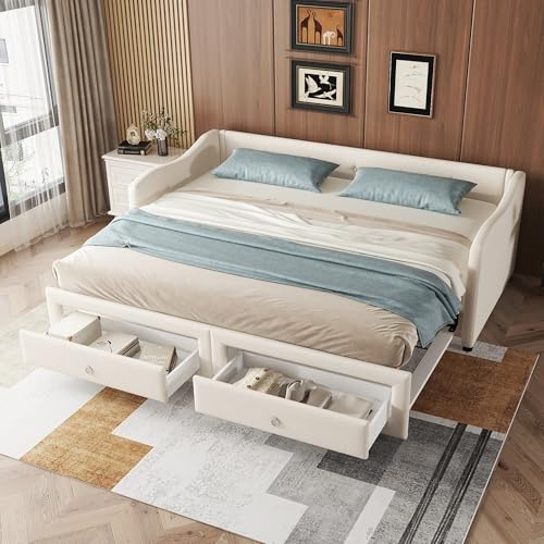 Polsterbett 90x200 cm, Ausziehbares Schlafsofa Erweiterbares Tagesbett mit Ausziehbett und 2 Schubladen, Gästebett Daybett Kinderbett Sofabett Jugendbett Doppelbett, Leinen, Ohne Matratze, Beige