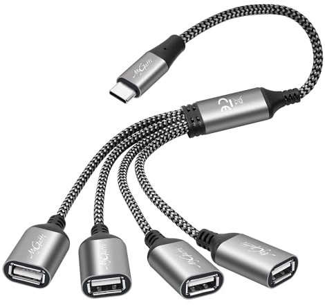 Mygatti Adattatore USB C splitter a 4 porte USB A, 0,3 metri, USB 2.0, 480 Mbit/s, 5 V, 2 A, 10 W, Plug and Play, 1 anno di garanzia, per laptop, PC, mouse, tastiera, stampante, TV, altoparlanti