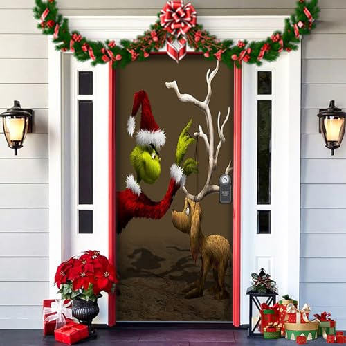 AIDODIA Grinch Weihnachtsdeko Tür, Christmas Door Cover, Weihnachtsdeko Für Tür, Weihnachtsbanner Für Haus Haustür Veranda Weihnachten Deko -91 X 203 cm (E)